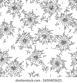 Minimalist seamless pattern of abstract black lines resembling dandelions or starbursts on white. Capturing organic, hand-drawn, and monochromatic art trends for contemporary backgrounds.