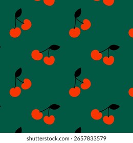 Modelo inconsútil minimalista con las Formas abstractas de la cereza en fondo verde. Diseño moderno de frutas perfecto para la tela, el Fondo de pantalla, el embalaje o la marca.