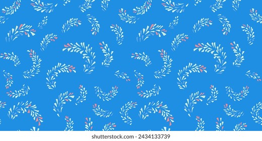 Minimalist seamless pattern with abstract painted branches in a tiny shapes drops, spots, dots. Vector hand draw sketch. Simple blue background with  geometric texture patterned. Collage for designs