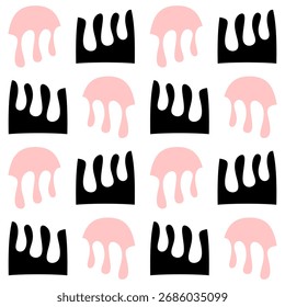 A minimalist seamless pattern of abstract shapes of dripping pink and black liquid. A seamless pattern of melting and wavy liquid.