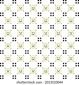 Minimalist seamless pattern with alternating happy and sad face icons in lime outlines, paired with dotted square motifs. Clean, expressive, and suitable for quirky modern design use.