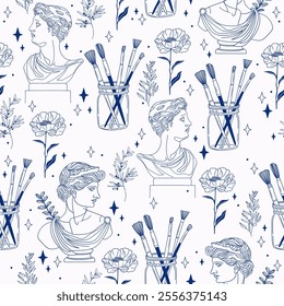 Minimalist Seamless Pattern with Art Supplies, Greek Sculptures, Academic Drawings, and Flowers. Hand-Drawn Vector background