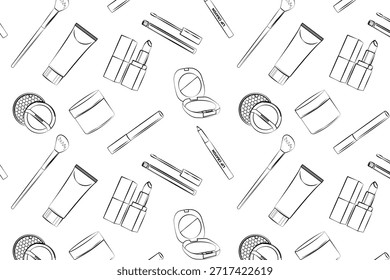 Un patrón minimalista y sin fisuras de maquillaje en blanco y negro dibujado con líneas que incluye lápiz labial, tarro de crema y polvo compacto sobre un fondo blanco limpio.