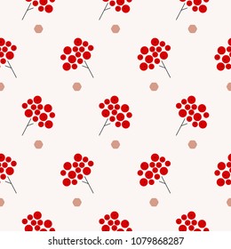 Minimalist seamless pattern with branch and red berries in scandinavian style on polka dots background. Simple flat geometric vector elements for your design.