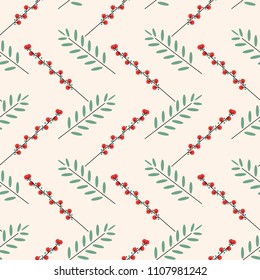 Minimalist seamless pattern with branch and red berries in scandinavian style. Botanical cute cartoon background. Simple flat geometric vector elements for your design. For fashion prints.