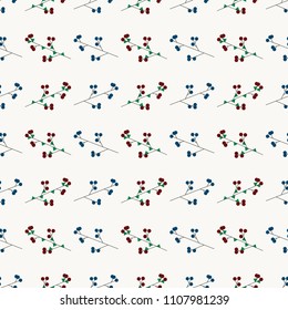 Minimalist seamless pattern with branches, red and blue  berries in scandinavian style. Botanical cute cartoon background. Simple flat geometric vector elements for your design. For fashion prints.