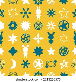 Minimalist seamless pattern with bunnies and abstract elements. Modern print for tee, textile and fabric. Geometric bold vector illustration for decor and design.



