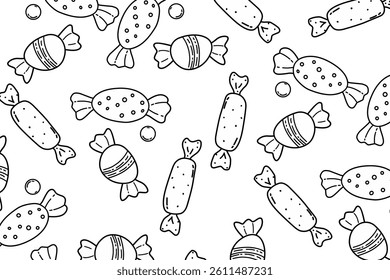 Minimalist seamless pattern of candies and sweet. Black and white candy doodle illustration for wallpaper and background. Various small round sweets. 