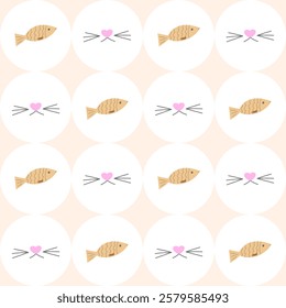 Minimalist seamless pattern with cat whiskers, heart nose, and fish. Soft pastel tones, perfect for fabric, wallpaper, and stationery.