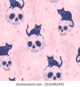 Minimalist Seamless Pattern with Cats, Skulls, Tulips, Butterflies, and Plants. Hand-Drawn Vector background