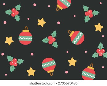Minimalist seamless pattern of Christmas balls, stars, and holly leaves on rich navy blue background. Great for classy greeting cards, stationery, and winter-themed prints.