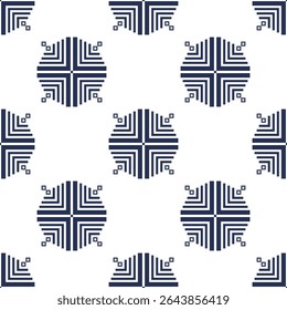Minimalist seamless pattern of circular maze. Geometric motifs in bold navy blue on white. Concept of symmetrical design, visual, contrast, modern for textile prints, wallpaper, wrapping, background.