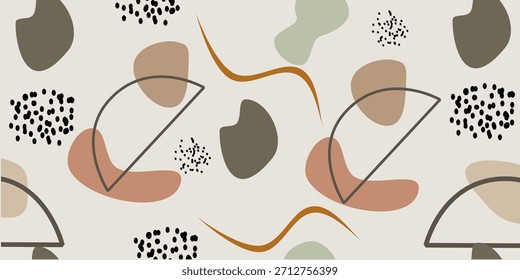 Um padrão sem emenda minimalista em tons natas e terrosos neutros, apresentando elementos orgânicos macios, linhas curvas e bolhas abstratas. Ideal para papelaria moderna, tecido, marca e superfície elegante