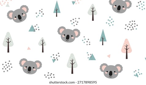 Padrão sem emenda minimalista com rostos bonitos de coala e pinheiros em um fundo branco, perfeito para a decoração de viveiro estilo escandinavo.