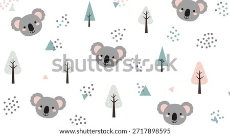 Minimalist seamless pattern with cute koala faces and pine trees on a white background, perfect for scandinavian-style nursery decor.