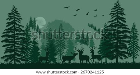Minimalist seamless pattern of deer silhouettes. This modern, graphic design features a repeating black stag and fawn against a grey background. Perfect for rustic, woodland, and holiday themes.