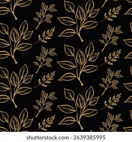 Minimalist seamless pattern with delicate golden outline branches on a black background. A sophisticated and clean line art design for luxurious stationery and branding.