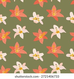 Padrão contínuo minimalista com lírios brancos e laranja elegantes em um fundo verde calmo. Design vetorial plano natural para decoração de casa sofisticada e têxtil.