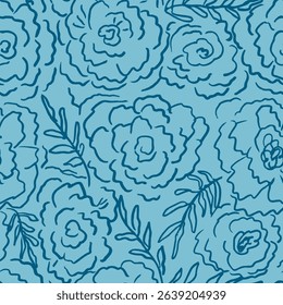 Minimalist seamless pattern featuring abstract hand-drawn flowers and foliage in blue linework. Ideal for textile prints, wallpapers, packaging, lifestyle branding, and modern surface design