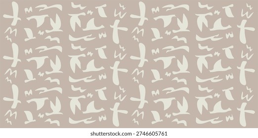 Minimalist seamless pattern featuring abstract bird silhouettes and organic shapes in soft cream tones over a warm beige background. The hand-drawn style elements create a modern artistic composition with a natural and airy feel. Perfect for textile prints, wallpaper, wrapping paper, packaging, branding materials, stationery, and surface design projects that require a subtle, contemporary aesthetic with a touch of nature-inspired charm.
