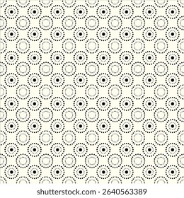 Minimalist seamless pattern featuring concentric dotted circles in black on an off-white background. Perfect for textiles, w
allpapers, or digital backgrounds.