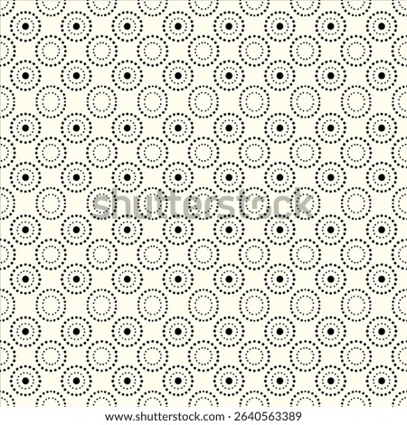Minimalist seamless pattern featuring concentric dotted circles in black on an off-white background. Perfect for textiles, w
allpapers, or digital backgrounds.