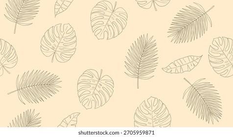 Minimalist seamless pattern featuring hand-drawn tropical monstera and palm leaves in a simple line art style on a beige background.