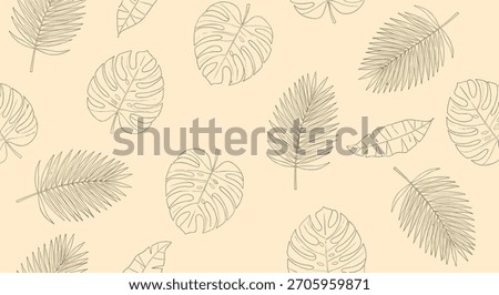 Minimalist seamless pattern featuring hand-drawn tropical monstera and palm leaves in a simple line art style on a beige background.