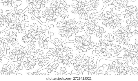 Minimalist seamless pattern featuring line drawings of fig tree branches with fruit and leaves on a clean white background design.