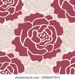 A minimalist, seamless pattern featuring overlapping, oversized roses in shades of burgundy and pink. The design offers a modern, abstract take on classic floral motifs.