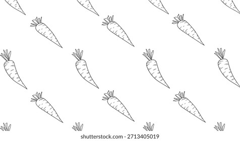 Patrón sin fisuras minimalista con zanahorias de contorno negro diagonal dispersas con tops frondosos sobre un fondo blanco limpio.