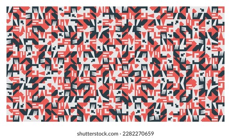 Minimalist seamless pattern featuring simple random shapes in black and red. Great for packaging and stationery.