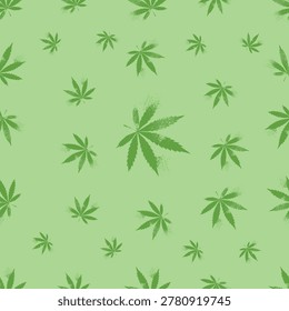 A minimalist seamless pattern featuring sketchy green cannabis leaves on a light background. Ideal for eco-friendly packaging of CBD products, cosmetics, medical supplies, and textile design
