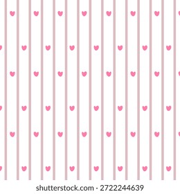 Minimalist seamless pattern featuring small pink hearts and thin vertical stripes, perfect for Valentine's Day stationery and nursery textile design.