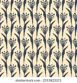 Minimalist Seamless pattern with garden and field plants, wildflowers, buds, grass. Nature background for wrapping paper, cover, fabric, interior, stationery design, print, website, app. Vector