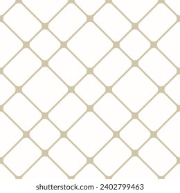 Minimalist seamless pattern with golden grid on white. Vector abstract luxury geometric texture with thin diagonal cross lines, nodes, squares, mesh, lattice, grill. Subtle simple gold geo background