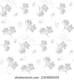 Minimalist Seamless Pattern With Gray Inflorescences on White Background and text "Bio" suitable for packaging design, wrapping paper, textile print and advertising