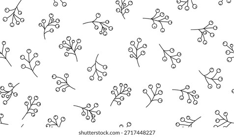 Minimalistisches, nahtloses Muster aus handgezeichneten Beerenfedern mit kleinen runden Früchten, die auf weißem Hintergrund für Tapeten verstreut sind.