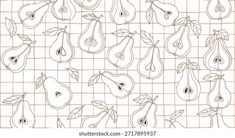 Padrão sem costura minimalista de peras desenhadas à mão e folhas em um fundo de grade marrom no estilo de arte de linha de esboço claro.