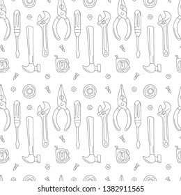 Minimalist seamless pattern of hardware tools. Hand drawn illustration. Black and white pattern.