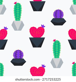 Patrón minimalista sin fisuras de plantas de cactus en forma de corazón. Fondo anti-valentine de diseño plano de Vector para temas de amor espinosos, decoración hipster y estampados de naturaleza botánica.