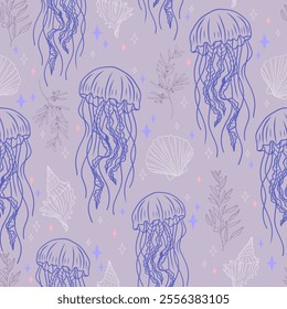 Minimalist Seamless Pattern with Jellyfish, Sea Shells, and Plants. Underwater Hand-Drawn Vector background