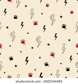 Minimalist seamless pattern with lightning, stars and paw prints. Hand drawn vector pattern in flat style