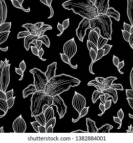 Minimalist seamless pattern of Lilies in black and white color. Hand drawn illustration design.