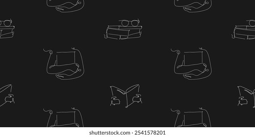 Modelo inconsútil minimalista con el arte de la línea de leer libros en estilo continuo. Fondo negro para la materia textil, papel de embalaje, tela, cubierta, Fondo de pantalla, diseño de impresión. Vector