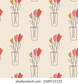 Minimalist Seamless Pattern of Line Art Floral Arrangements in Soft Tones. Seamless pattern featuring abstract floral designs in linear art style with colorful tulips. The artwork highlights 