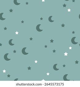 Lua e estrelas padrão sem costura. Padrão de vetor desenhado à mão celeste em estilo plano