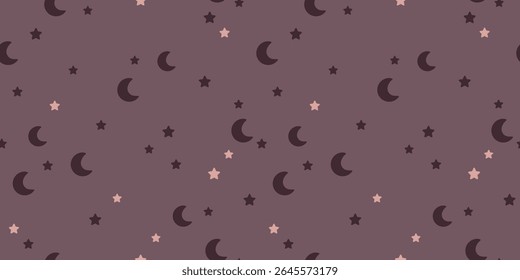 Mond und Sterne nahtloses Muster. Himmlisch handgezeichnetes Vektormuster im flachen Stil