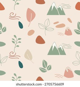 Minimalist Seamless Pattern with Nature Elements and Earth Tones. Elements include solid and outline drawings of leaves and small branches abstract river waves and stylized mountains with snow caps.