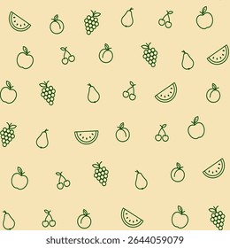 Minimalist seamless pattern with outlined fruits – grapes, apples, pears, peaches, cherries, and watermelon slices. Line art style. Perfect for packaging and kitchen textiles.